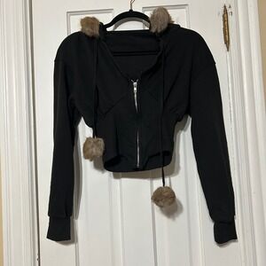ROMWE Black Cropped Zip Up Hoodie Faux Fur Trim Pompom Drawstring XS